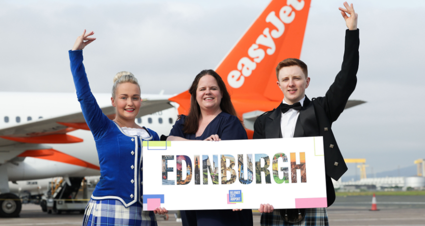 New route from Belfast City to Edinburgh. Image features Leah McIlwrath, Ellie McGimpsey and James Blackwood